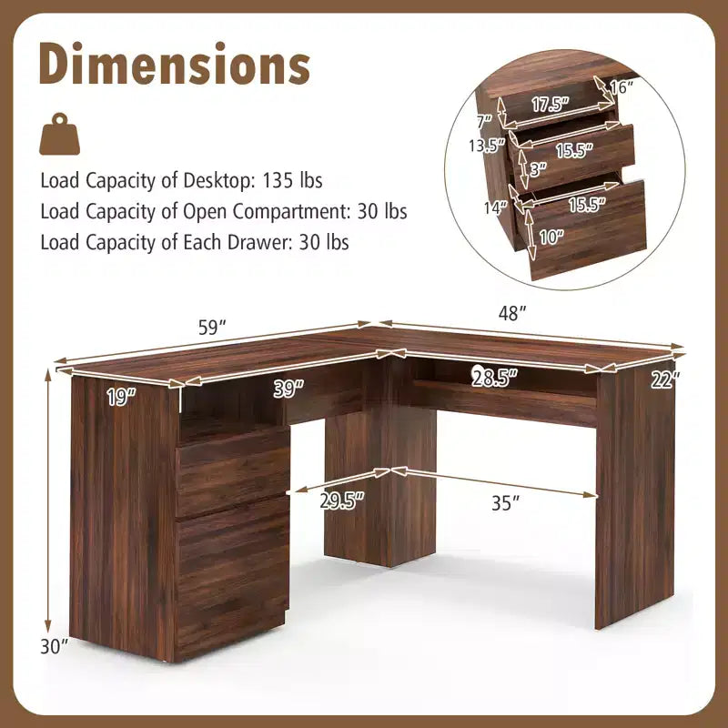 Costway L Shaped Computer Desk 59'' Corner Study Writing Desk with Open Compartment & 2 Cable Management Holes Walnut/White