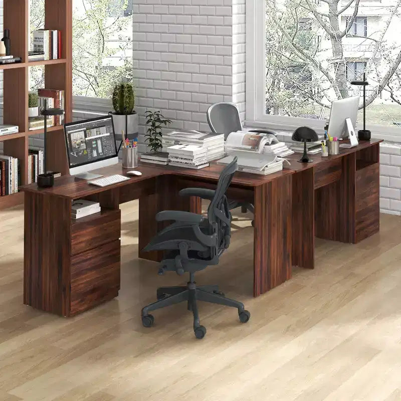 Costway L Shaped Computer Desk 59'' Corner Study Writing Desk with Open Compartment & 2 Cable Management Holes Walnut/White