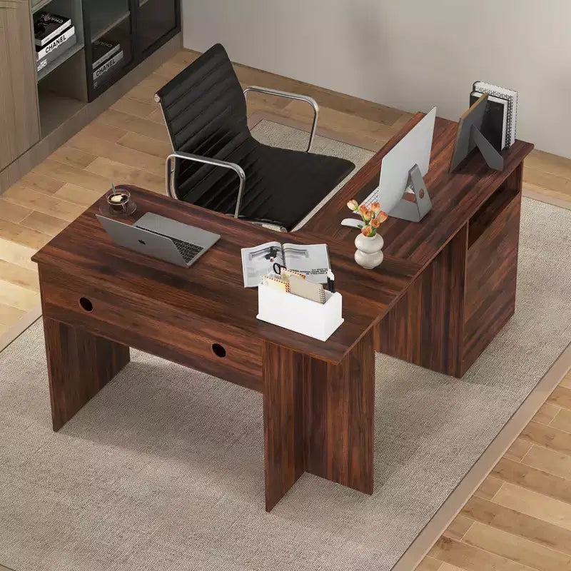 Costway L Shaped Computer Desk 59'' Corner Study Writing Desk with Open Compartment & 2 Cable Management Holes Walnut/White