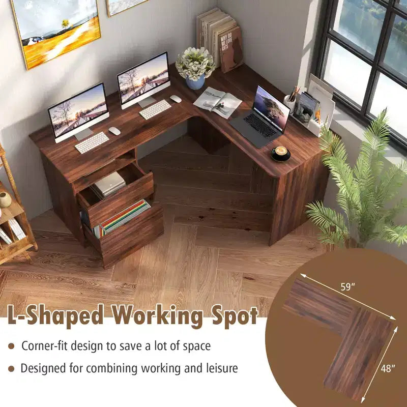 Costway L Shaped Computer Desk 59'' Corner Study Writing Desk with Open Compartment & 2 Cable Management Holes Walnut/White