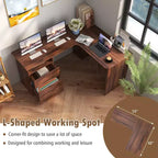 Costway L Shaped Computer Desk 59'' Corner Study Writing Desk with Open Compartment & 2 Cable Management Holes Walnut/White