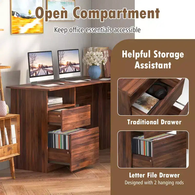 Costway L Shaped Computer Desk 59'' Corner Study Writing Desk with Open Compartment & 2 Cable Management Holes Walnut/White