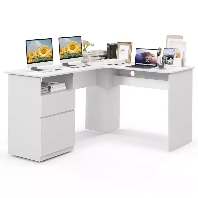Costway L Shaped Computer Desk 59'' Corner Study Writing Desk with Open Compartment & 2 Cable Management Holes Walnut/White