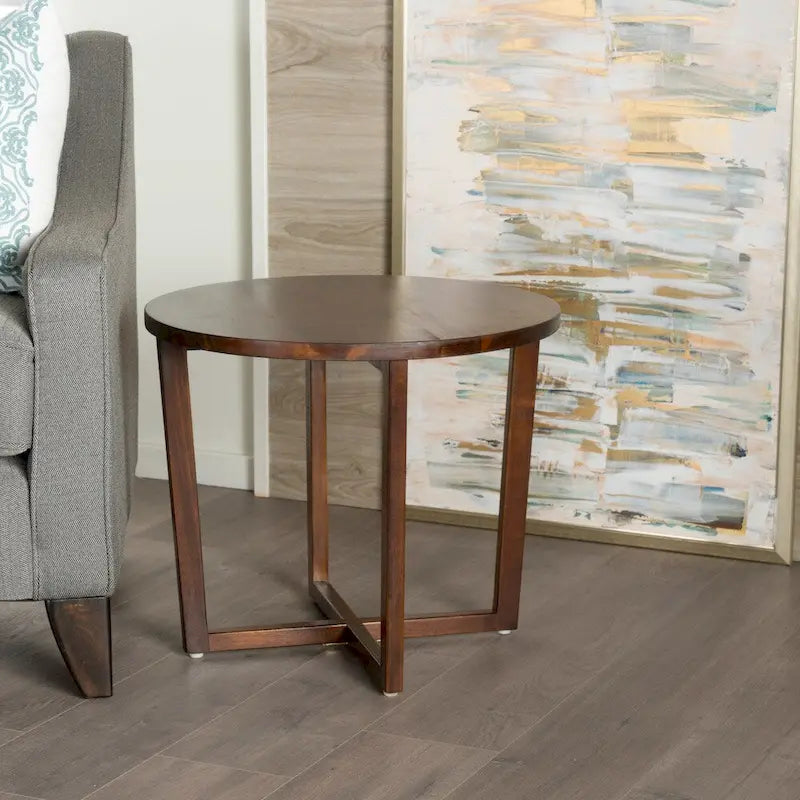 Tavolino rotondo in legno di acacia con finitura mogano e gambe a croce, 59 cm L x 50 cm H