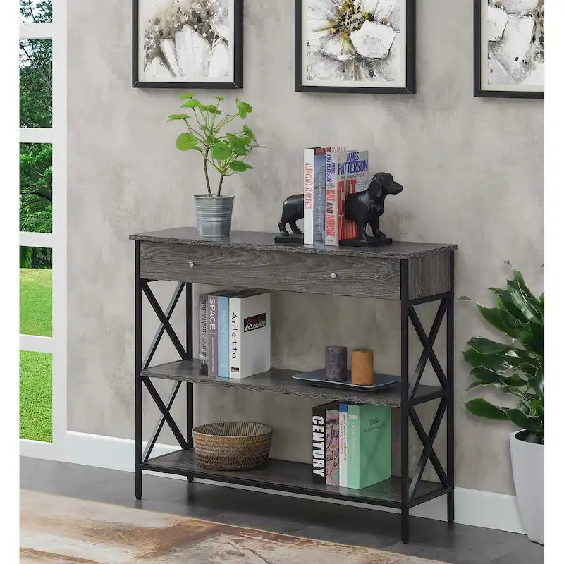Consolle con 1 cassetto e ripiani aperti, telaio a X nero, 100 cm L x 30 cm P x 80 cm H
