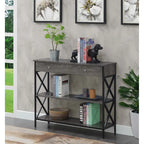 Consolle con 1 cassetto e ripiani aperti, telaio a X nero, 100 cm L x 30 cm P x 80 cm H