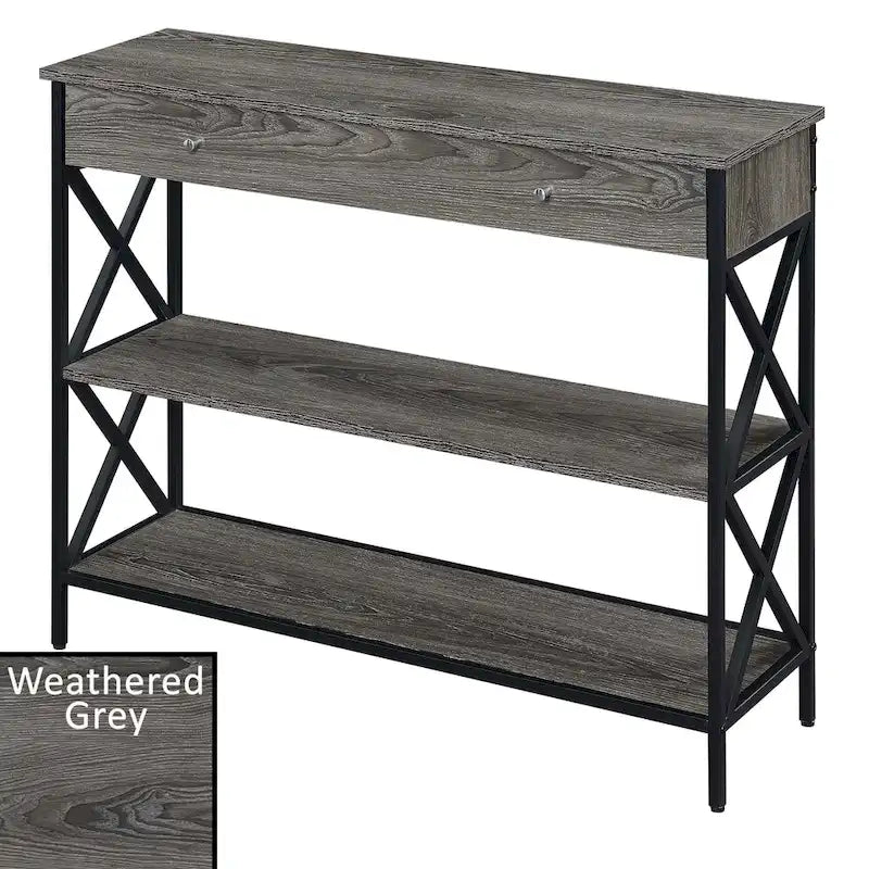 Consolle con 1 cassetto e ripiani aperti, telaio a X nero, 100 cm L x 30 cm P x 80 cm H