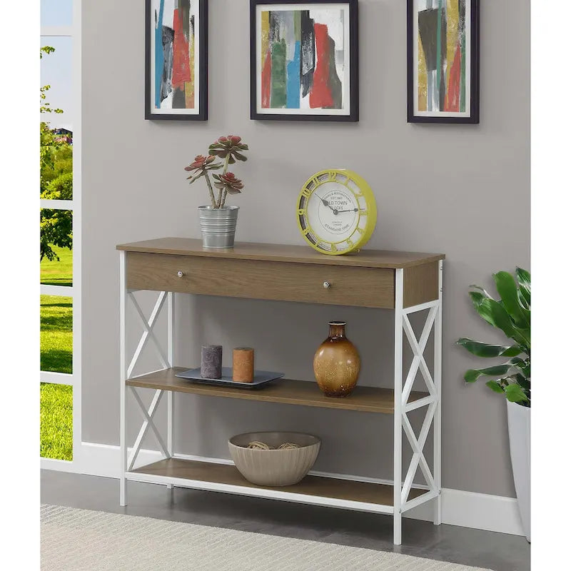 Consolle con 1 cassetto e ripiani aperti, telaio a X nero, 100 cm L x 30 cm P x 80 cm H
