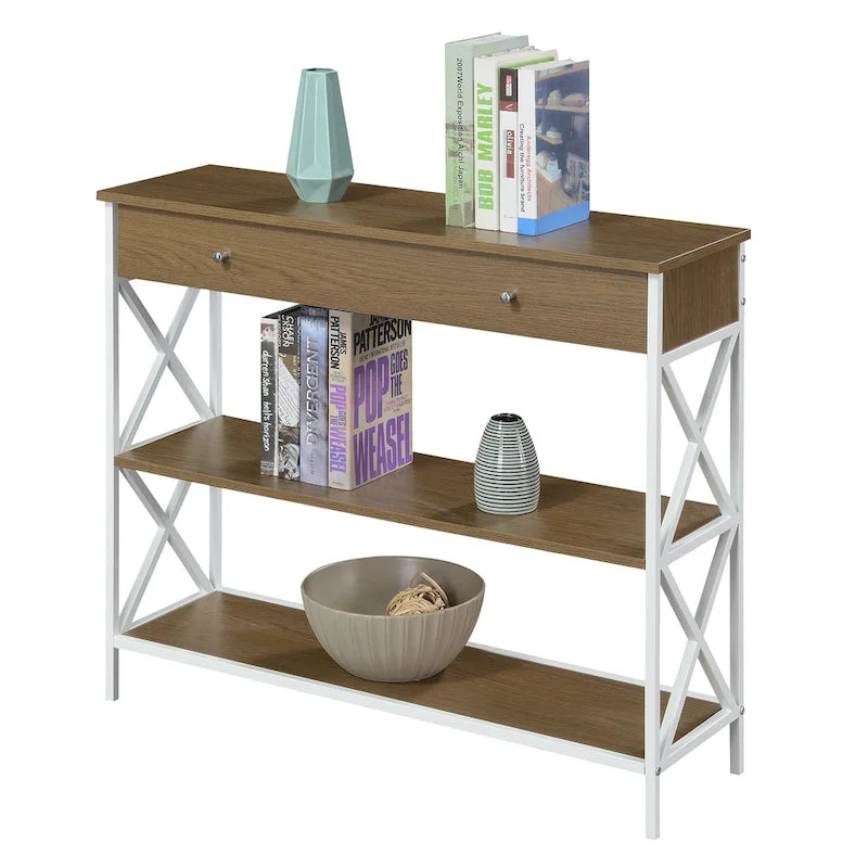 Consolle con 1 cassetto e ripiani aperti, telaio a X nero, 100 cm L x 30 cm P x 80 cm H