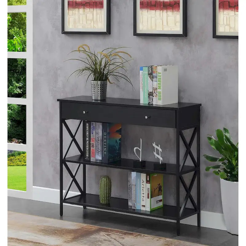 Consolle con 1 cassetto e ripiani aperti, telaio a X nero, 100 cm L x 30 cm P x 80 cm H