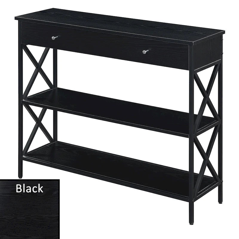 Consolle con 1 cassetto e ripiani aperti, telaio a X nero, 100 cm L x 30 cm P x 80 cm H