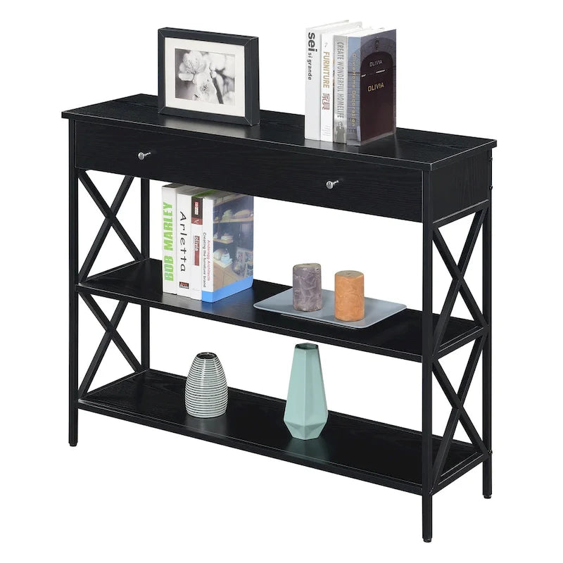 Consolle con 1 cassetto e ripiani aperti, telaio a X nero, 100 cm L x 30 cm P x 80 cm H