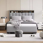 Full/Queen Size Upholstered Platform Bed with Storage Headboard, Twin Size Trundle, 2 Drawers and Sockets & USB Ports, 4L -ModernLuxe