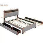 Full/Queen Size Upholstered Platform Bed with Storage Headboard, Twin Size Trundle, 2 Drawers and Sockets & USB Ports, 4L -ModernLuxe
