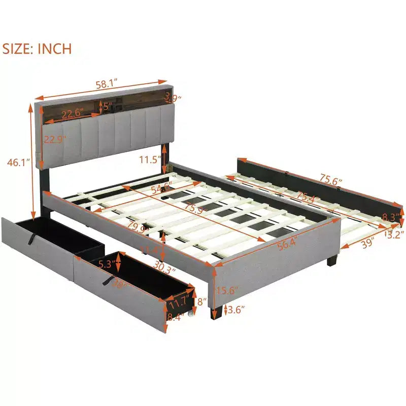 Full/Queen Size Upholstered Platform Bed with Storage Headboard, Twin Size Trundle, 2 Drawers and Sockets & USB Ports, 4L -ModernLuxe