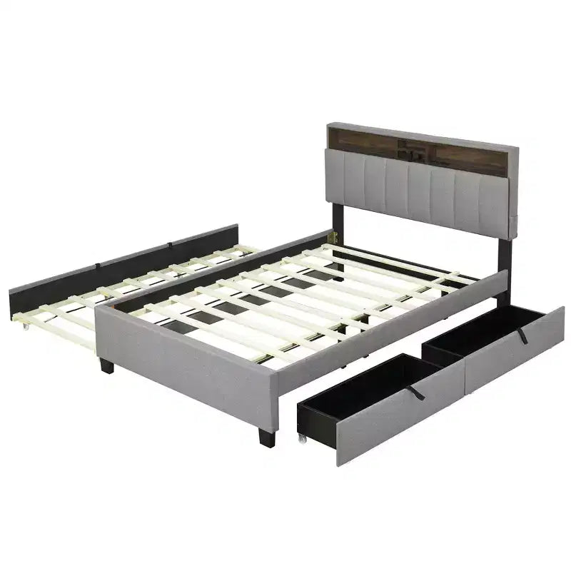 Full/Queen Size Upholstered Platform Bed with Storage Headboard, Twin Size Trundle, 2 Drawers and Sockets & USB Ports, 4L -ModernLuxe