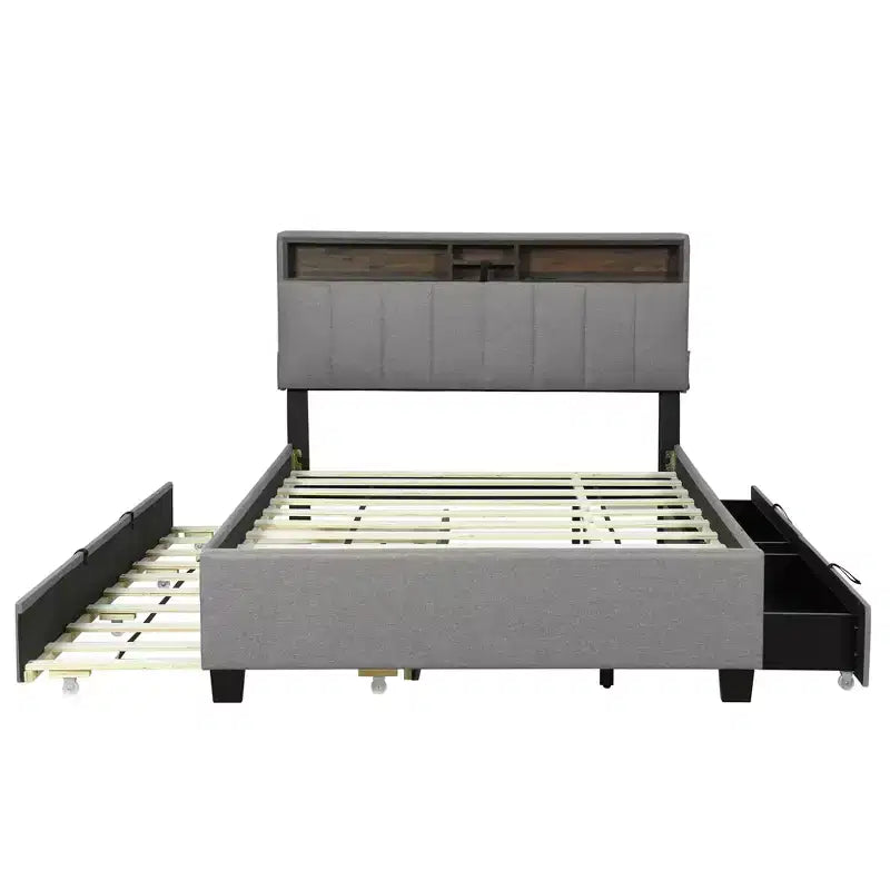 Full/Queen Size Upholstered Platform Bed with Storage Headboard, Twin Size Trundle, 2 Drawers and Sockets & USB Ports, 4L -ModernLuxe
