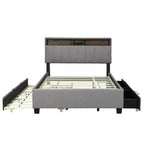 Full/Queen Size Upholstered Platform Bed with Storage Headboard, Twin Size Trundle, 2 Drawers and Sockets & USB Ports, 4L -ModernLuxe