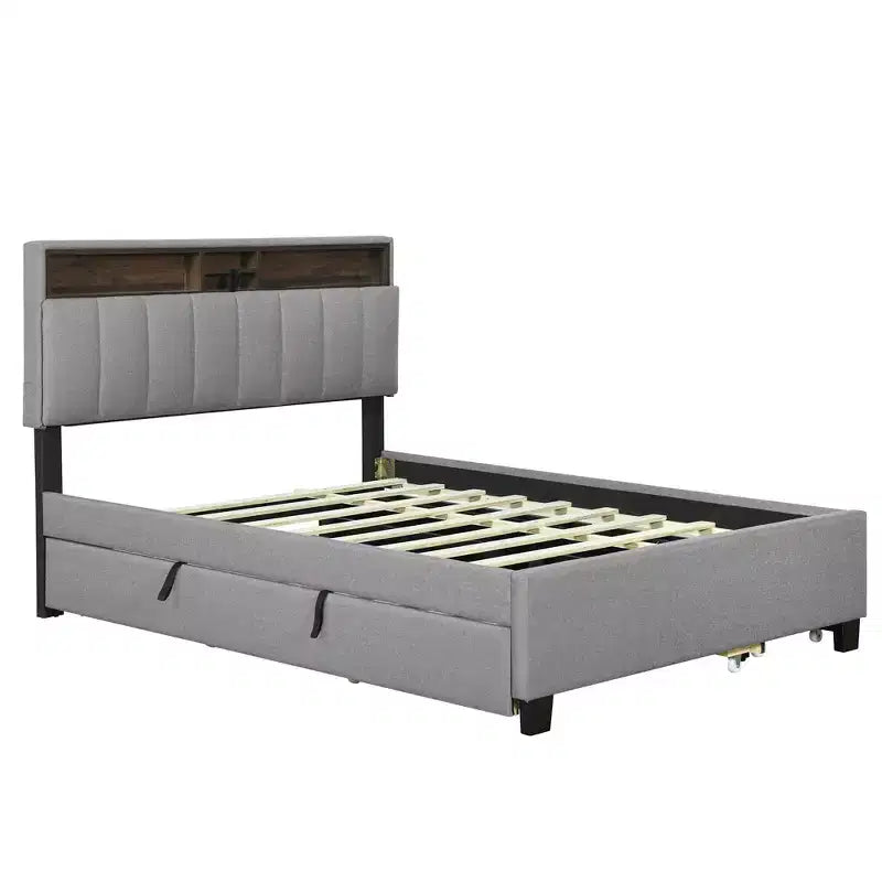 Full/Queen Size Upholstered Platform Bed with Storage Headboard, Twin Size Trundle, 2 Drawers and Sockets & USB Ports, 4L -ModernLuxe