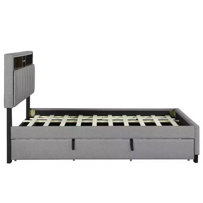 Full/Queen Size Upholstered Platform Bed with Storage Headboard, Twin Size Trundle, 2 Drawers and Sockets & USB Ports, 4L -ModernLuxe