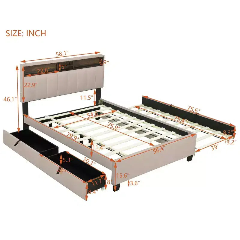 Full/Queen Size Upholstered Platform Bed with Storage Headboard, Twin Size Trundle, 2 Drawers and Sockets & USB Ports, 4L -ModernLuxe