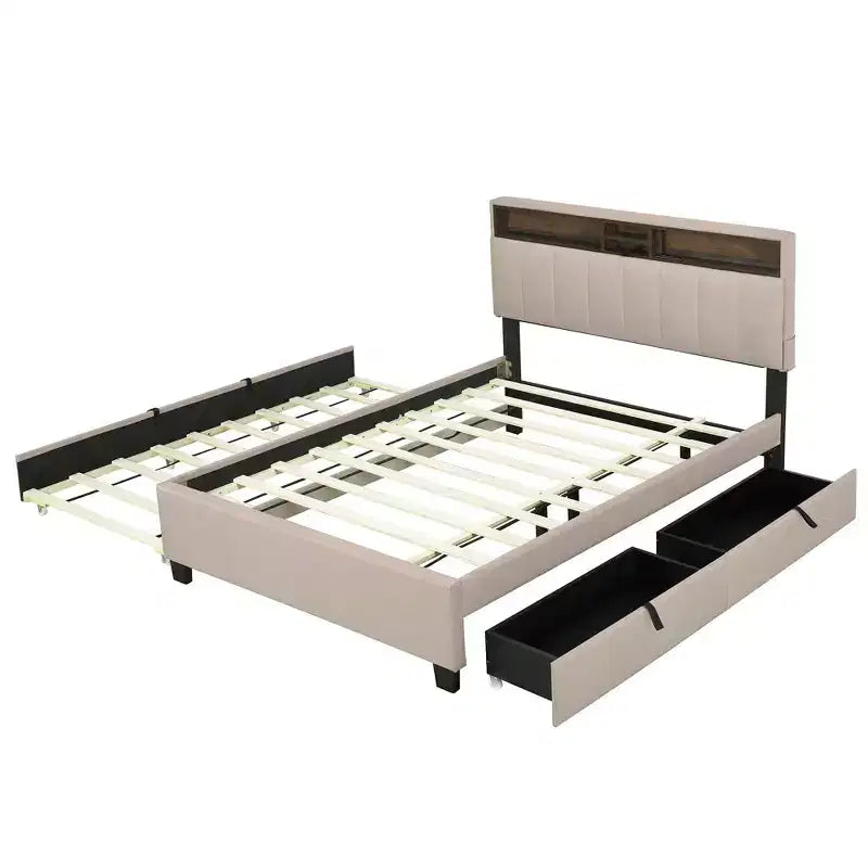 Full/Queen Size Upholstered Platform Bed with Storage Headboard, Twin Size Trundle, 2 Drawers and Sockets & USB Ports, 4L -ModernLuxe