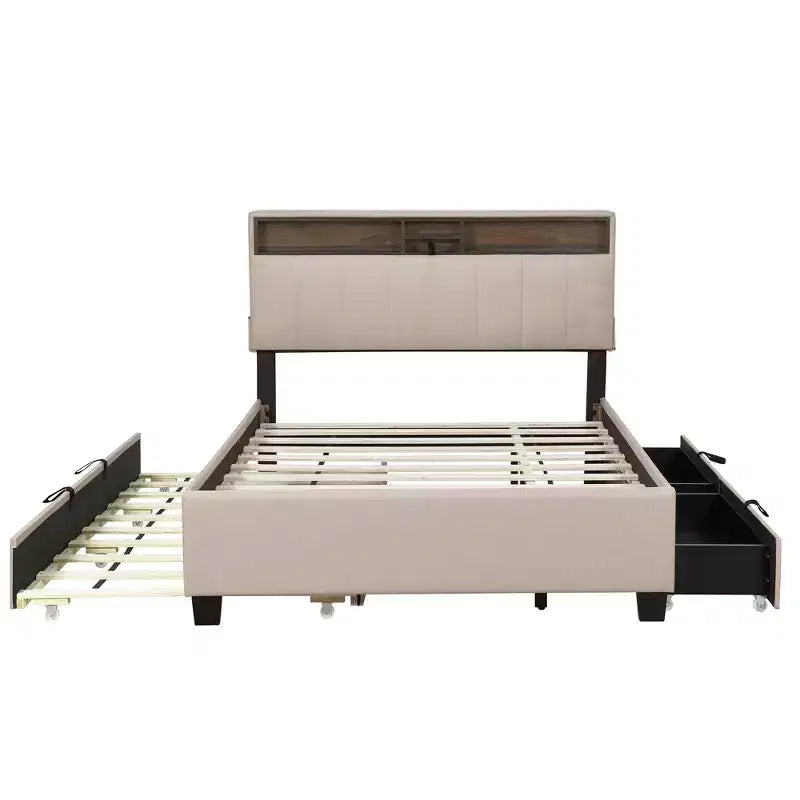 Full/Queen Size Upholstered Platform Bed with Storage Headboard, Twin Size Trundle, 2 Drawers and Sockets & USB Ports, 4L -ModernLuxe