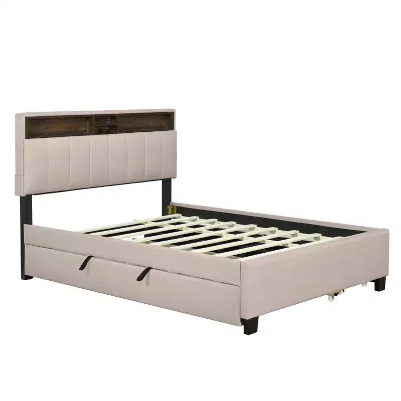 Full/Queen Size Upholstered Platform Bed with Storage Headboard, Twin Size Trundle, 2 Drawers and Sockets & USB Ports, 4L -ModernLuxe