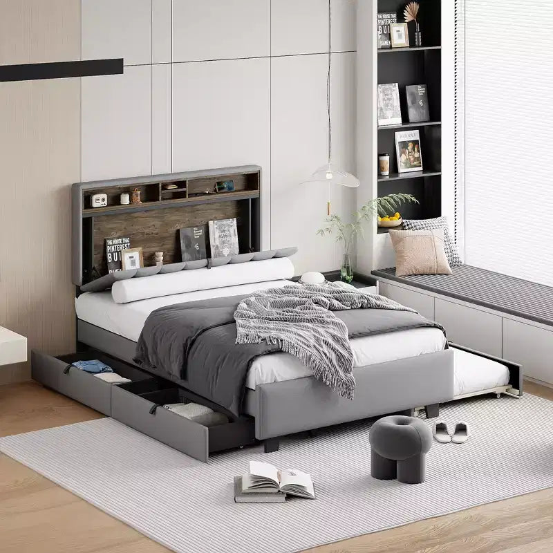 Full/Queen Size Upholstered Platform Bed with Storage Headboard, Twin Size Trundle, 2 Drawers and Sockets & USB Ports, 4L -ModernLuxe