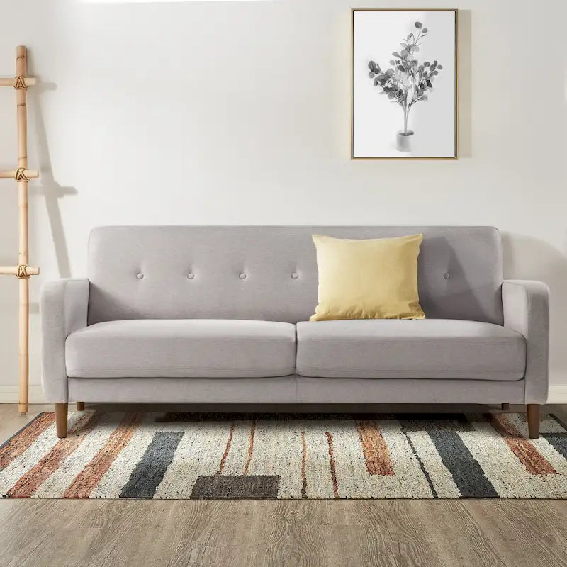 Divano in lino trapuntato con tasche sui braccioli e struttura in legno di eucalipto, schiuma ad alta densità, 185 cm L x 76 cm H