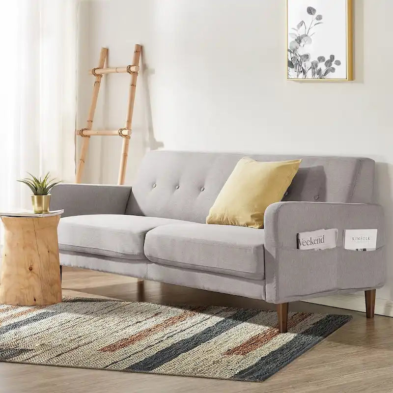 Divano in lino trapuntato con tasche sui braccioli e struttura in legno di eucalipto, schiuma ad alta densità, 185 cm L x 76 cm H