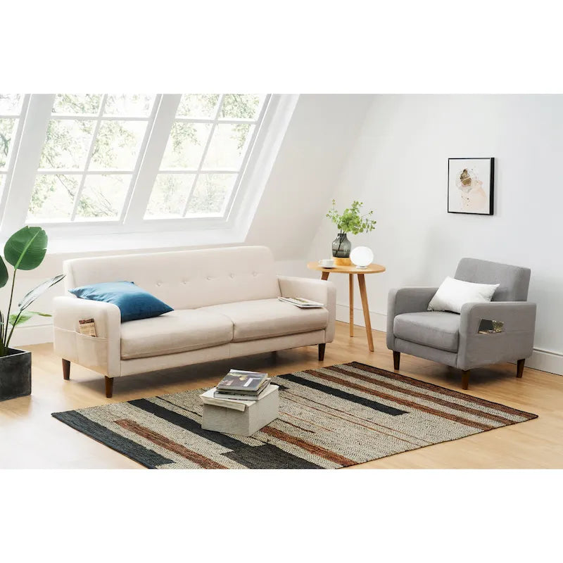 Divano in lino trapuntato con tasche sui braccioli e struttura in legno di eucalipto, schiuma ad alta densità, 185 cm L x 76 cm H