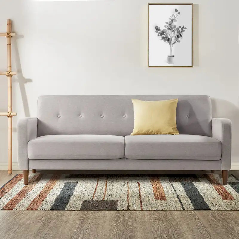 Divano in lino trapuntato con tasche sui braccioli e struttura in legno di eucalipto, schiuma ad alta densità, 185 cm L x 76 cm H