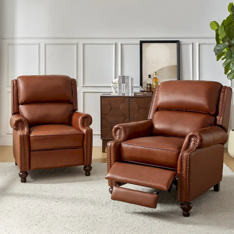 Poltrona reclinabile Gabriela Mid-Century Modern in vera pelle con finiture a borchie, set da 2 di HULALA HOME
