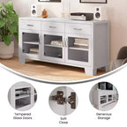 Merrick Lane Three-Drawer Engineered Wood Buffet Sideboard Cabinet with Three Tempered Glass Cabinet Doors for Dining Room/Kitchen