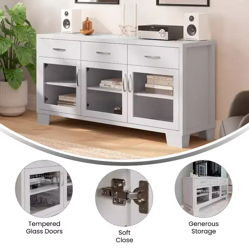 Merrick Lane Three-Drawer Engineered Wood Buffet Sideboard Cabinet with Three Tempered Glass Cabinet Doors for Dining Room/Kitchen