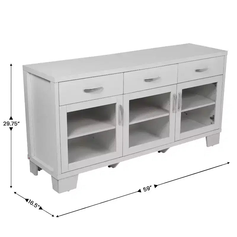 Merrick Lane Three-Drawer Engineered Wood Buffet Sideboard Cabinet with Three Tempered Glass Cabinet Doors for Dining Room/Kitchen