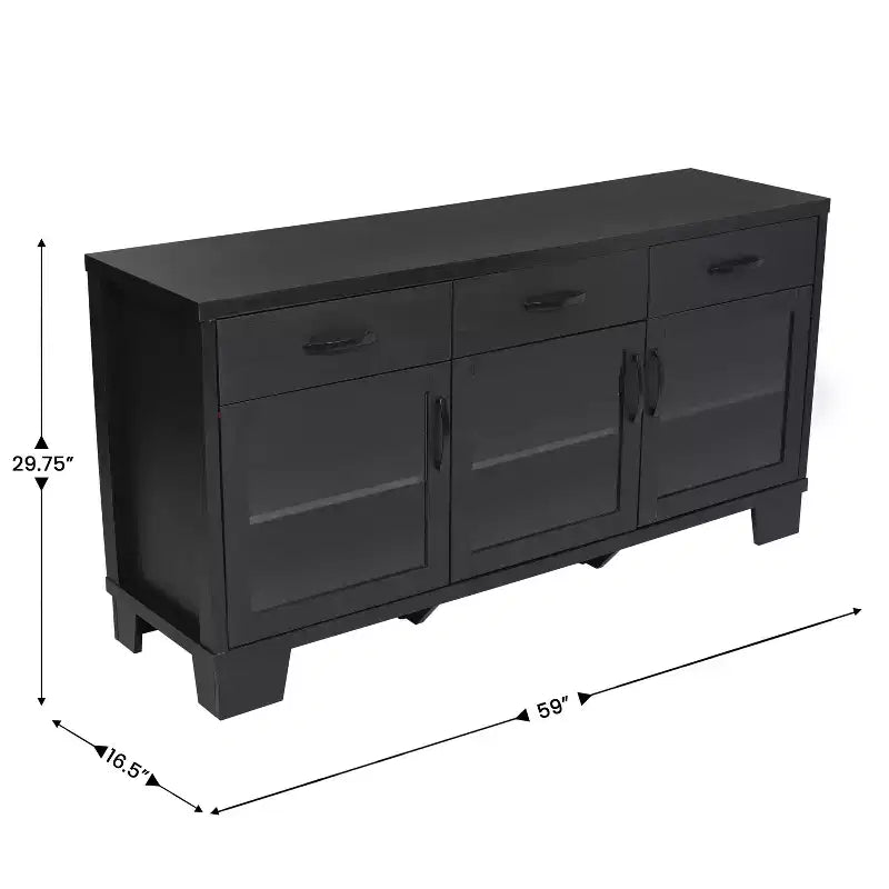 Merrick Lane Three-Drawer Engineered Wood Buffet Sideboard Cabinet with Three Tempered Glass Cabinet Doors for Dining Room/Kitchen