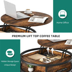 Tavolino da caffè rotondo con piano sollevabile Moasis e vano portaoggetti nascosto