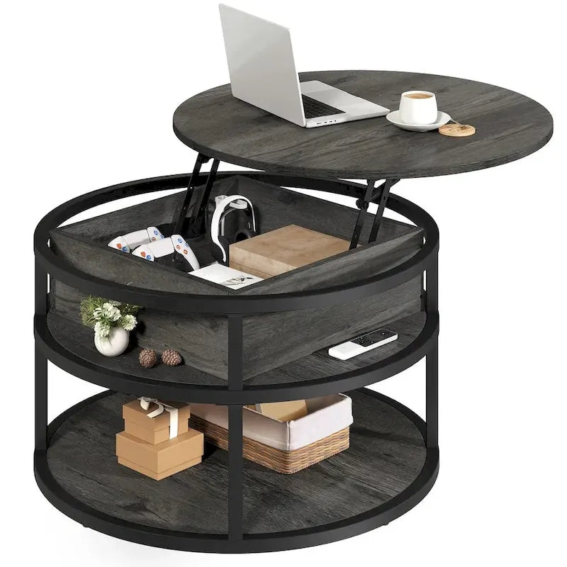 Tavolino da caffè rotondo con piano sollevabile Moasis e vano portaoggetti nascosto