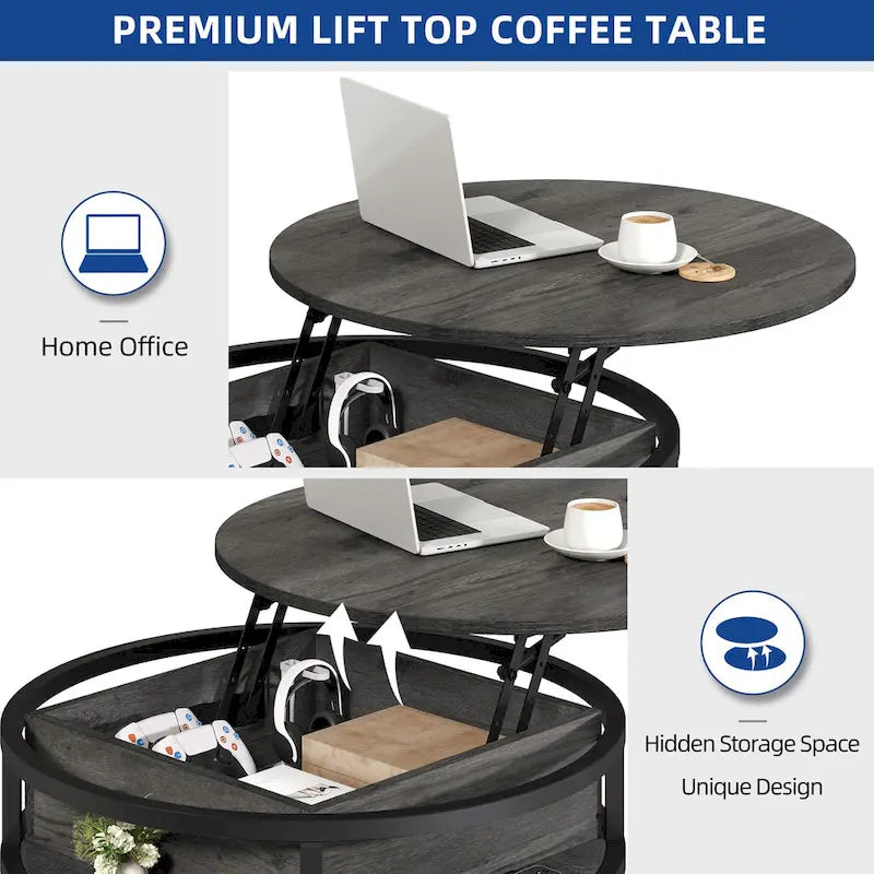Tavolino da caffè rotondo con piano sollevabile Moasis e vano portaoggetti nascosto