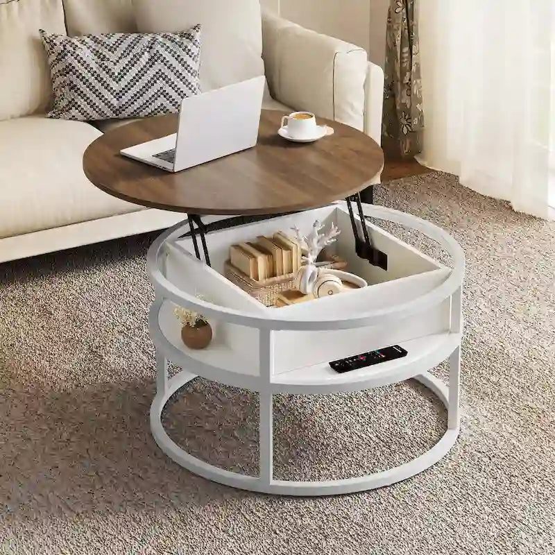 Tavolino da caffè rotondo con piano sollevabile Moasis e vano portaoggetti nascosto