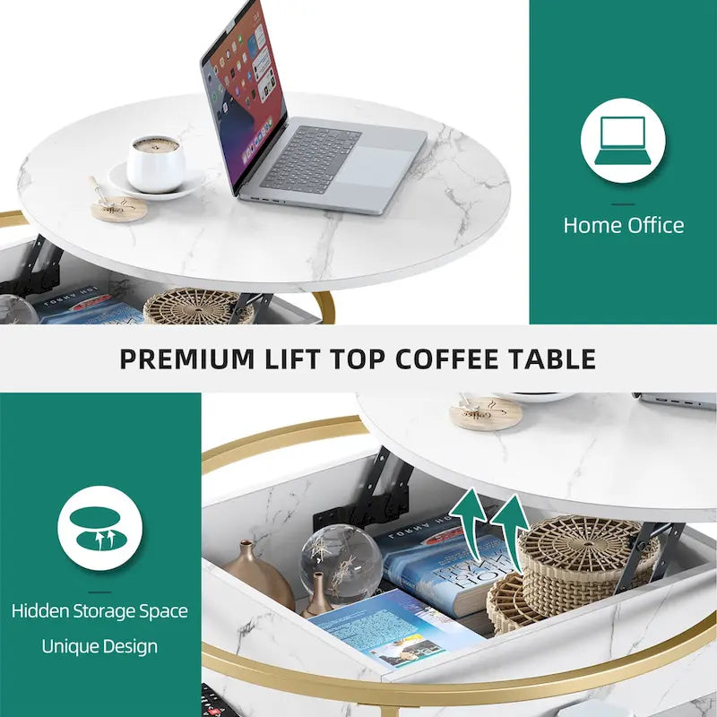 Tavolino da caffè rotondo con piano sollevabile Moasis e vano portaoggetti nascosto