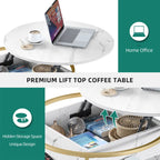 Tavolino da caffè rotondo con piano sollevabile Moasis e vano portaoggetti nascosto