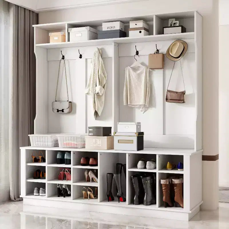 Famapy White 63W 18 Shoe Cubbies Wide Hall Tree With Hooks