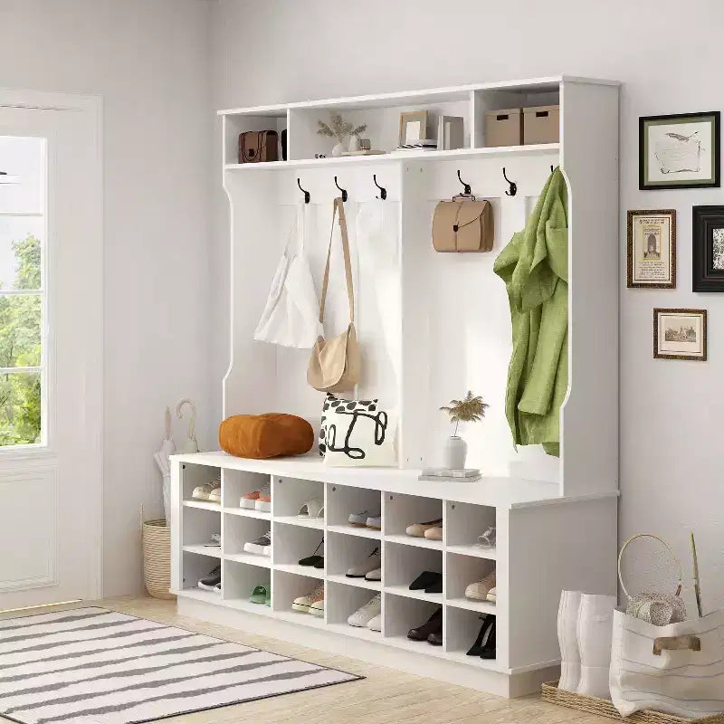 Famapy White 63W 18 Shoe Cubbies Wide Hall Tree With Hooks