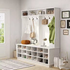 Famapy White 63W 18 Shoe Cubbies Wide Hall Tree With Hooks