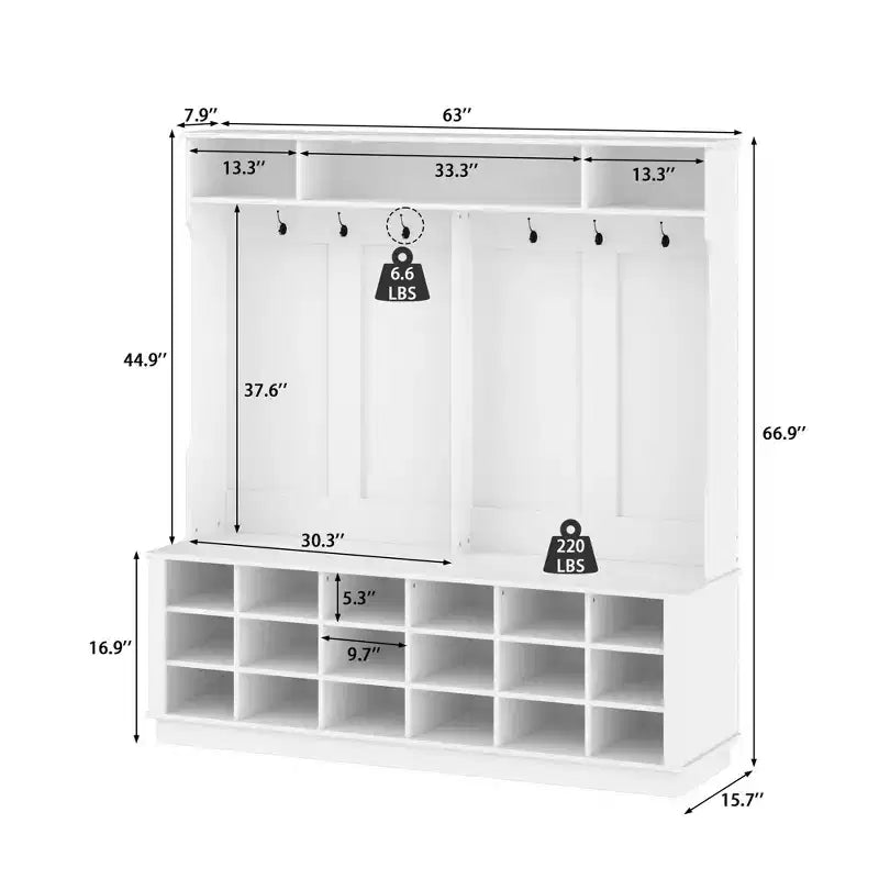 Famapy White 63W 18 Shoe Cubbies Wide Hall Tree With Hooks