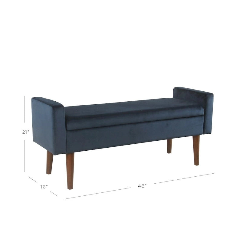 Panca contenitore in velluto Mid-Century con coperchio a cerniera e gambe in noce, 122 cm L x 53 cm H, blu scuro