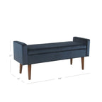 Panca contenitore in velluto Mid-Century con coperchio a cerniera e gambe in noce, 122 cm L x 53 cm H, blu scuro